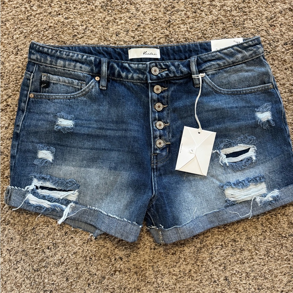 KanCan Women's Distressed Dark Blue Denim Button-Fly Shorts